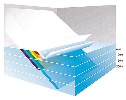 Between 3 and 30 percent of the sunlight is reflected at the sea surface. Then almost all of the seven colors of the light spectrum are absorbed one after another in the first 200 meters, except the blue light.