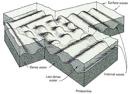 Internal waves at the interface between two layers of water of different densities. One is dense (the lower one), the other one is less dense (the upper one).